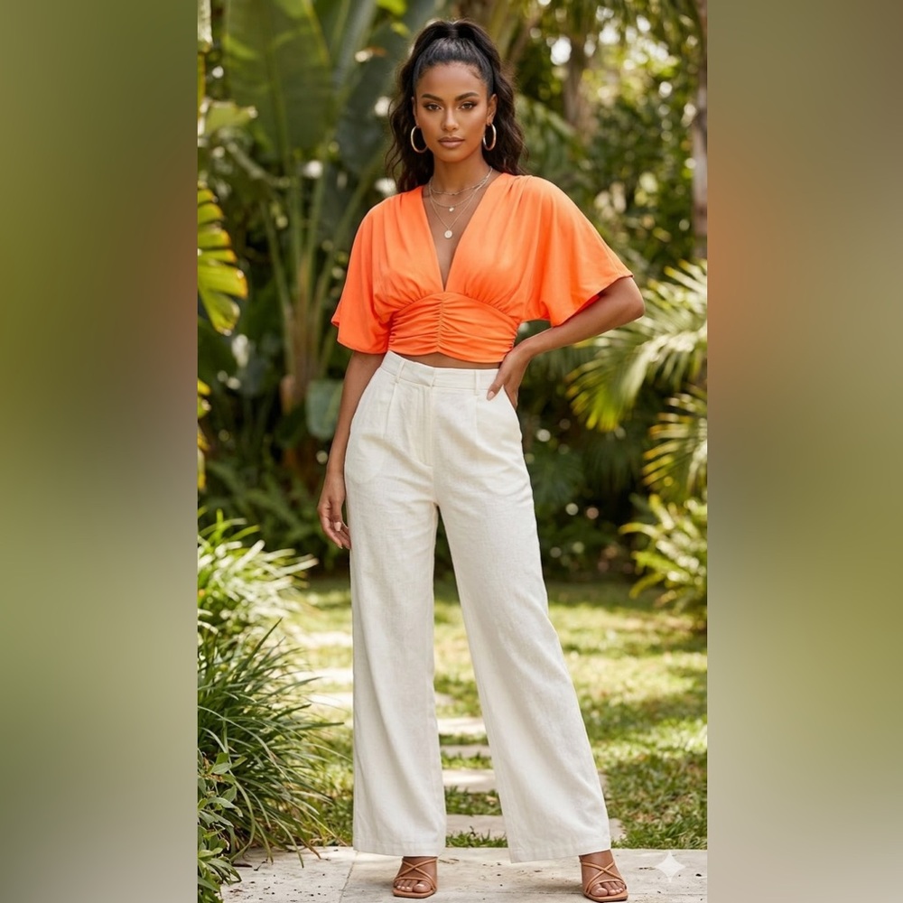 NWTO Vibrant Orange V-Neck Ruched Crop Top